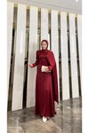 Bordo Pelerinli Saten Abiye Elbise