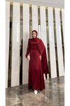 Bordo Pelerinli Saten Abiye Elbise
