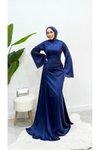 Lacivert Kuyruklu Drape Detaylı Saten Abiye Elbise