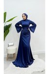 Lacivert Kuyruklu Drape Detaylı Saten Abiye Elbise