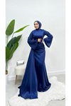 Lacivert Kuyruklu Drape Detaylı Saten Abiye Elbise