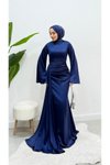 Lacivert Kuyruklu Drape Detaylı Saten Abiye Elbise