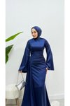 Lacivert Kuyruklu Drape Detaylı Saten Abiye Elbise