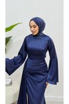 Lacivert Kuyruklu Drape Detaylı Saten Abiye Elbise