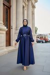 Lacivert Mevlana Kloş Saten Abiye Elbise