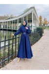 Lacivert Mevlana Kloş Saten Abiye Elbise