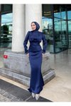 Lacivert Saten Kolları Püsküllü Abiye Elbise