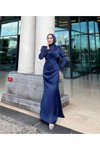 Lacivert Saten Kolları Püsküllü Abiye Elbise