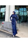 Lacivert Saten Kolları Püsküllü Abiye Elbise