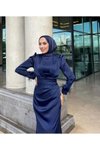 Lacivert Saten Kolları Püsküllü Abiye Elbise