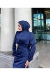 Lacivert Saten Kolları Püsküllü Abiye Elbise