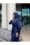 Lacivert Saten Kolları Püsküllü Abiye Elbise