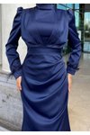 Lacivert Saten Kolları Püsküllü Abiye Elbise