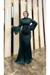 Yeşil Kuyruklu Saten Drape Detaylı Abiye Elbise