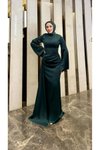 Yeşil Kuyruklu Saten Drape Detaylı Abiye Elbise