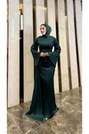 Yeşil Kuyruklu Saten Drape Detaylı Abiye Elbise