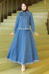 Açık Mavi Etekli Püskül Detaylı Kot İkili Tesettür Takım