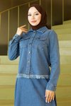 Açık Mavi Etekli Püskül Detaylı Kot İkili Tesettür Takım