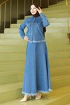 Açık Mavi Etekli Püskül Detaylı Kot İkili Tesettür Takım