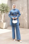 Açık Mavi Kot Düğmeli Taş Detaylı Kemerli İkili Takım