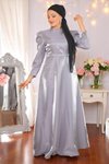 Gri Büyük Beden Omuz Büzgülü Abiye Elbise