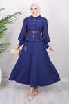 İndigo Etekli Kemer Detaylı İkili Tesettür Takım