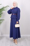 İndigo Etekli Kemer Detaylı İkili Tesettür Takım
