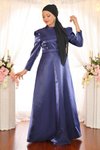 İndigo Omuz Büzgülü Büyük Beden Abiye Elbise