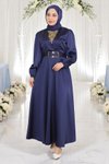 İndigo Saten Taş Detaylı Abiye Elbise