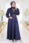 İndigo Saten Taş Detaylı Abiye Elbise