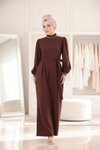 Kahverengi İnci Detaylı Tulum Elbise