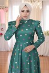 Zümrüt Çiçekli Puantiyeli Saten Abiye Elbise