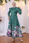 Zümrüt Çiçekli Puantiyeli Saten Abiye Elbise