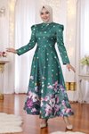 Zümrüt Çiçekli Puantiyeli Saten Abiye Elbise