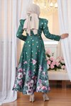 Zümrüt Çiçekli Puantiyeli Saten Abiye Elbise