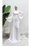 Beyaz İspanyol Kol Kuyruklu Saten Abiye Elbise