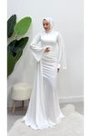 Beyaz İspanyol Kol Kuyruklu Saten Abiye Elbise