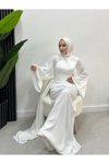 Beyaz İspanyol Kol Kuyruklu Saten Abiye Elbise