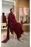 Bordo Kuyruklu Krep Drape Detaylı Abiye Elbise