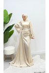 Ekru Kuyruklu Saten İspanyol Kol Abiye Elbise