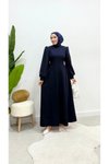 Lacivert Kuyruklu Balon Kol Abiye Elbise