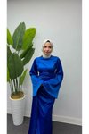Mavi Saten İspanyol Kol Kuyruklu Abiye Elbise