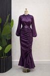 Mor Saten Kemer Aksesuarlı Büzgü Detaylı Abiye Elbise