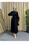 Siyah Balon Kol Belden İp Detaylı Elbise
