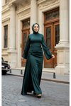 Yeşil İspanyol Kol Kuyruklu Saten Abiye Elbise