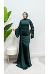 Yeşil İspanyol Kol Kuyruklu Saten Abiye Elbise