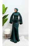 Yeşil İspanyol Kol Kuyruklu Saten Abiye Elbise