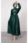 Zümrüt Yeşili Mevlana Saten Abiye Elbise