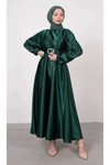 Zümrüt Yeşili Mevlana Saten Abiye Elbise