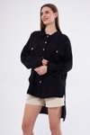 Siyah Oversize Arkası Uzun Pileli Kollu Keten Gömlek Tunik